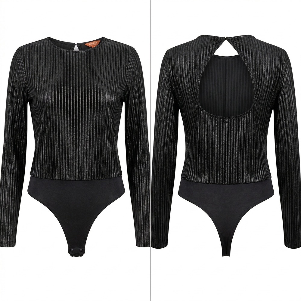 Guess Los Angeles Black‎ Metallic Pleated Long Sleeve Open Back Bodysuit Medium